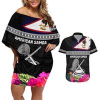 Personalized American Samoa Flag Day Couples Matching Off Shoulder Short Dress and Hawaiian Shirt Tanoa and Fue mix Hibiscus Flower Polynesian Pattern LT03 Black - Polynesian Pride