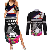 Personalized American Samoa Flag Day Couples Matching Summer Maxi Dress and Long Sleeve Button Shirt Tanoa and Fue mix Hibiscus Flower Polynesian Pattern