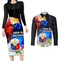 Philippines Independence Day Couples Matching Long Sleeve Bodycon Dress and Long Sleeve Button Shirt Philippines Eagle and Sampaguita Jasmine Yakan Tribal