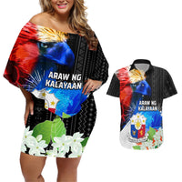 Philippines Independence Day Couples Matching Off Shoulder Short Dress and Hawaiian Shirt Philippines Eagle and Sampaguita Jasmine Yakan Tribal LT03 Black - Polynesian Pride
