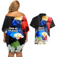 Philippines Independence Day Couples Matching Off Shoulder Short Dress and Hawaiian Shirt Philippines Eagle and Sampaguita Jasmine Yakan Tribal LT03 - Polynesian Pride
