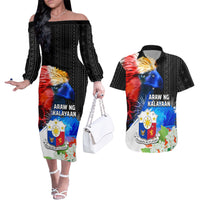 Philippines Independence Day Couples Matching Off The Shoulder Long Sleeve Dress and Hawaiian Shirt Philippines Eagle and Sampaguita Jasmine Yakan Tribal