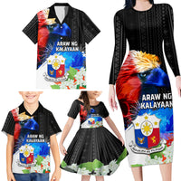 Philippines Independence Day Family Matching Long Sleeve Bodycon Dress and Hawaiian Shirt Philippines Eagle and Sampaguita Jasmine Yakan Tribal