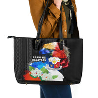Philippines Independence Day Leather Tote Bag Philippines Eagle and Sampaguita Jasmine Yakan Tribal