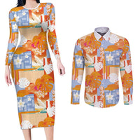 Hawaiian and Japanese Culture Together Couples Matching Long Sleeve Bodycon Dress and Long Sleeve Button Shirt Palaka Japanese Art and Tropical Motif Tribal Patchwork LT03 Multicolor - Polynesian Pride