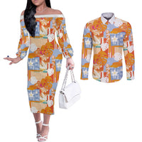Hawaiian and Japanese Culture Together Couples Matching Off The Shoulder Long Sleeve Dress and Long Sleeve Button Shirt Palaka Japanese Art and Tropical Motif Tribal Patchwork LT03 Multicolor - Polynesian Pride