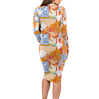 Hawaiian and Japanese Culture Together Long Sleeve Bodycon Dress Palaka Japanese Art and Tropical Motif Tribal Patchwork LT03 - Polynesian Pride
