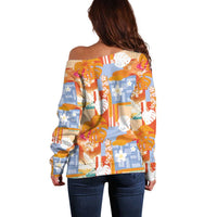 Hawaiian and Japanese Culture Together Off Shoulder Sweater Palaka Japanese Art and Tropical Motif Tribal Patchwork LT03 - Polynesian Pride