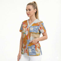 Hawaiian and Japanese Culture Together Scrub Top Palaka Japanese Art and Tropical Motif Tribal Patchwork