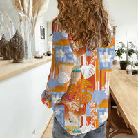 Hawaiian and Japanese Culture Together Women Casual Shirt Palaka Japanese Art and Tropical Motif Tribal Patchwork