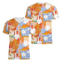 Hawaiian and Japanese Culture Together Women V-Neck T-Shirt Palaka Japanese Art and Tropical Motif Tribal Patchwork LT03 - Polynesian Pride