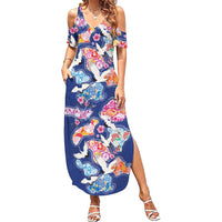 Hawaiian and Japanese Culture Together Family Matching Summer Maxi Dress and Hawaiian Shirt Hawaiian Archipelago Shape Sea Animals LT03 Mom's Dress Multicolor - Polynesian Pride