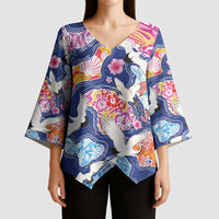 Hawaiian and Japanese Culture Together Kimono Sleeve Blouse Hawaiian Archipelago Shape Sea Animals