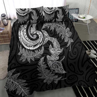 New Zealand Sea Animals with Maori Tribal Tattoo Bedding Set Shark Manta Ray with Silver Fern Black
