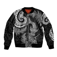 New Zealand Sea Animals with Maori Tribal Tattoo Bomber Jacket Shark Manta Ray with Silver Fern Black LT03 Unisex Black - Polynesian Pride