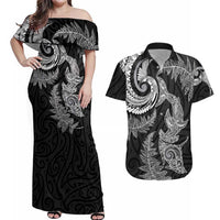 New Zealand Sea Animals with Maori Tribal Tattoo Couples Matching Off Shoulder Maxi Dress and Hawaiian Shirt Shark Manta Ray with Silver Fern Black LT03 Black - Polynesian Pride