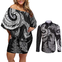 New Zealand Sea Animals with Maori Tribal Tattoo Couples Matching Off Shoulder Short Dress and Long Sleeve Button Shirt Shark Manta Ray with Silver Fern Black LT03 Black - Polynesian Pride