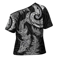 New Zealand Sea Animals with Maori Tribal Tattoo Cross Shoulder Shirt Shark Manta Ray with Silver Fern Black LT03 - Polynesian Pride