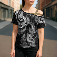 New Zealand Sea Animals with Maori Tribal Tattoo Cross Shoulder Shirt Shark Manta Ray with Silver Fern Black LT03 - Polynesian Pride