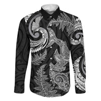 New Zealand Sea Animals with Maori Tribal Tattoo Family Matching Summer Maxi Dress and Hawaiian Shirt Shark Manta Ray with Silver Fern Black LT03 Dad's Shirt - Long Sleeve Black - Polynesian Pride