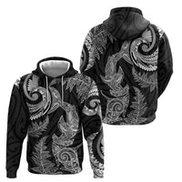 New Zealand Sea Animals with Maori Tribal Tattoo Hoodie Shark Manta Ray with Silver Fern Black LT03 - Polynesian Pride
