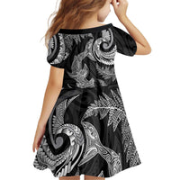 New Zealand Sea Animals with Maori Tribal Tattoo Kid Short Sleeve Dress Shark Manta Ray with Silver Fern Black LT03 - Polynesian Pride