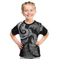 New Zealand Sea Animals with Maori Tribal Tattoo Kid T Shirt Shark Manta Ray with Silver Fern Black LT03 Black - Polynesian Pride