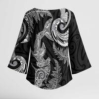 New Zealand Sea Animals with Maori Tribal Tattoo Kimono Sleeve Blouse Shark Manta Ray with Silver Fern Black LT03 - Polynesian Pride