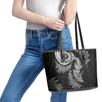 New Zealand Sea Animals with Maori Tribal Tattoo Leather Tote Bag Shark Manta Ray with Silver Fern Black LT03 - Polynesian Pride
