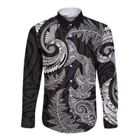 New Zealand Sea Animals with Maori Tribal Tattoo Long Sleeve Button Shirt Shark Manta Ray with Silver Fern Black LT03 Unisex Black - Polynesian Pride