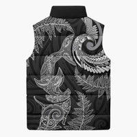 New Zealand Sea Animals with Maori Tribal Tattoo Sleeveless Puffer Jacket Shark Manta Ray with Silver Fern Black LT03 - Polynesian Pride