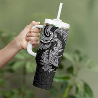 New Zealand Sea Animals with Maori Tribal Tattoo Tumbler With Handle Shark Manta Ray with Silver Fern Black LT03 - Polynesian Pride