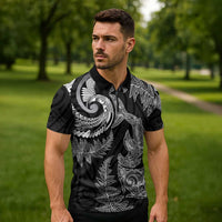 New Zealand Sea Animals with Maori Tribal Tattoo Zipper Polo Shirt Shark Manta Ray with Silver Fern Black LT03 - Polynesian Pride