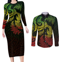 New Zealand Sea Animals with Maori Tribal Tattoo Couples Matching Long Sleeve Bodycon Dress and Long Sleeve Button Shirt Shark Manta Ray with Silver Fern Reggae LT03 Reggae - Polynesian Pride