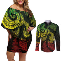 New Zealand Sea Animals with Maori Tribal Tattoo Couples Matching Off Shoulder Short Dress and Long Sleeve Button Shirt Shark Manta Ray with Silver Fern Reggae LT03 Reggae - Polynesian Pride