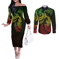 New Zealand Sea Animals with Maori Tribal Tattoo Couples Matching Off The Shoulder Long Sleeve Dress and Long Sleeve Button Shirt Shark Manta Ray with Silver Fern Reggae LT03 Reggae - Polynesian Pride