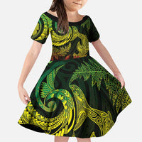 New Zealand Sea Animals with Maori Tribal Tattoo Family Matching Off Shoulder Maxi Dress and Hawaiian Shirt Shark Manta Ray with Silver Fern Reggae LT03 Daughter's Dress Reggae - Polynesian Pride