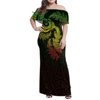 New Zealand Sea Animals with Maori Tribal Tattoo Family Matching Off Shoulder Maxi Dress and Hawaiian Shirt Shark Manta Ray with Silver Fern Reggae LT03 Mom's Dress Reggae - Polynesian Pride