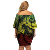 New Zealand Sea Animals with Maori Tribal Tattoo Family Matching Off Shoulder Short Dress and Hawaiian Shirt Shark Manta Ray with Silver Fern Reggae LT03 - Polynesian Pride