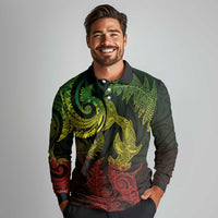 New Zealand Sea Animals with Maori Tribal Tattoo Long Sleeve Polo Shirt Shark Manta Ray with Silver Fern Reggae LT03 - Polynesian Pride