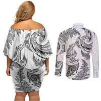 New Zealand Sea Animals with Maori Tribal Tattoo Couples Matching Off Shoulder Short Dress and Long Sleeve Button Shirt Shark Manta Ray with Silver Fern White LT03 - Polynesian Pride