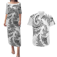 New Zealand Sea Animals with Maori Tribal Tattoo Couples Matching Puletasi and Hawaiian Shirt Shark Manta Ray with Silver Fern White LT03 White - Polynesian Pride