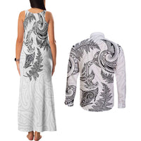 New Zealand Sea Animals with Maori Tribal Tattoo Couples Matching Tank Maxi Dress and Long Sleeve Button Shirt Shark Manta Ray with Silver Fern White LT03 - Polynesian Pride