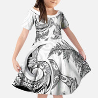 New Zealand Sea Animals with Maori Tribal Tattoo Family Matching Long Sleeve Bodycon Dress and Hawaiian Shirt Shark Manta Ray with Silver Fern White LT03 Daughter's Dress White - Polynesian Pride