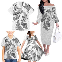 New Zealand Sea Animals with Maori Tribal Tattoo Family Matching Off The Shoulder Long Sleeve Dress and Hawaiian Shirt Shark Manta Ray with Silver Fern White LT03 - Polynesian Pride