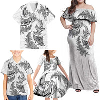 New Zealand Sea Animals with Maori Tribal Tattoo Family Matching Off Shoulder Maxi Dress and Hawaiian Shirt Shark Manta Ray with Silver Fern White LT03 - Polynesian Pride