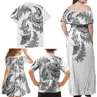 New Zealand Sea Animals with Maori Tribal Tattoo Family Matching Off Shoulder Maxi Dress and Hawaiian Shirt Shark Manta Ray with Silver Fern White LT03 - Polynesian Pride