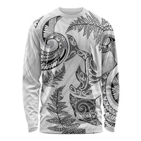 New Zealand Sea Animals with Maori Tribal Tattoo Long Sleeve Shirt Shark Manta Ray with Silver Fern White LT03 Unisex White - Polynesian Pride