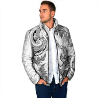 New Zealand Sea Animals with Maori Tribal Tattoo Padded Jacket Shark Manta Ray with Silver Fern White