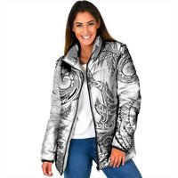 New Zealand Sea Animals with Maori Tribal Tattoo Padded Jacket Shark Manta Ray with Silver Fern White